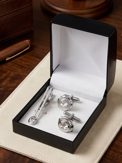 Lucky Jewellery Unique Men Jewelry Stone Silver Plated Sleeve Button Formal Cuff Button Wedding Shirt Button, Suit, Blazer Cufflinks with Matching Tie Pin Gift Set For Men (268-M4C5-STDLM42WTRD-W-S)