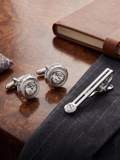 Lucky Jewellery Unique Men Jewelry Stone Silver Plated Sleeve Button Formal Cuff Button Wedding Shirt Button, Suit, Blazer Cufflinks with Matching Tie Pin Gift Set For Men (268-M4C5-STDLM42WTRD-W-S)