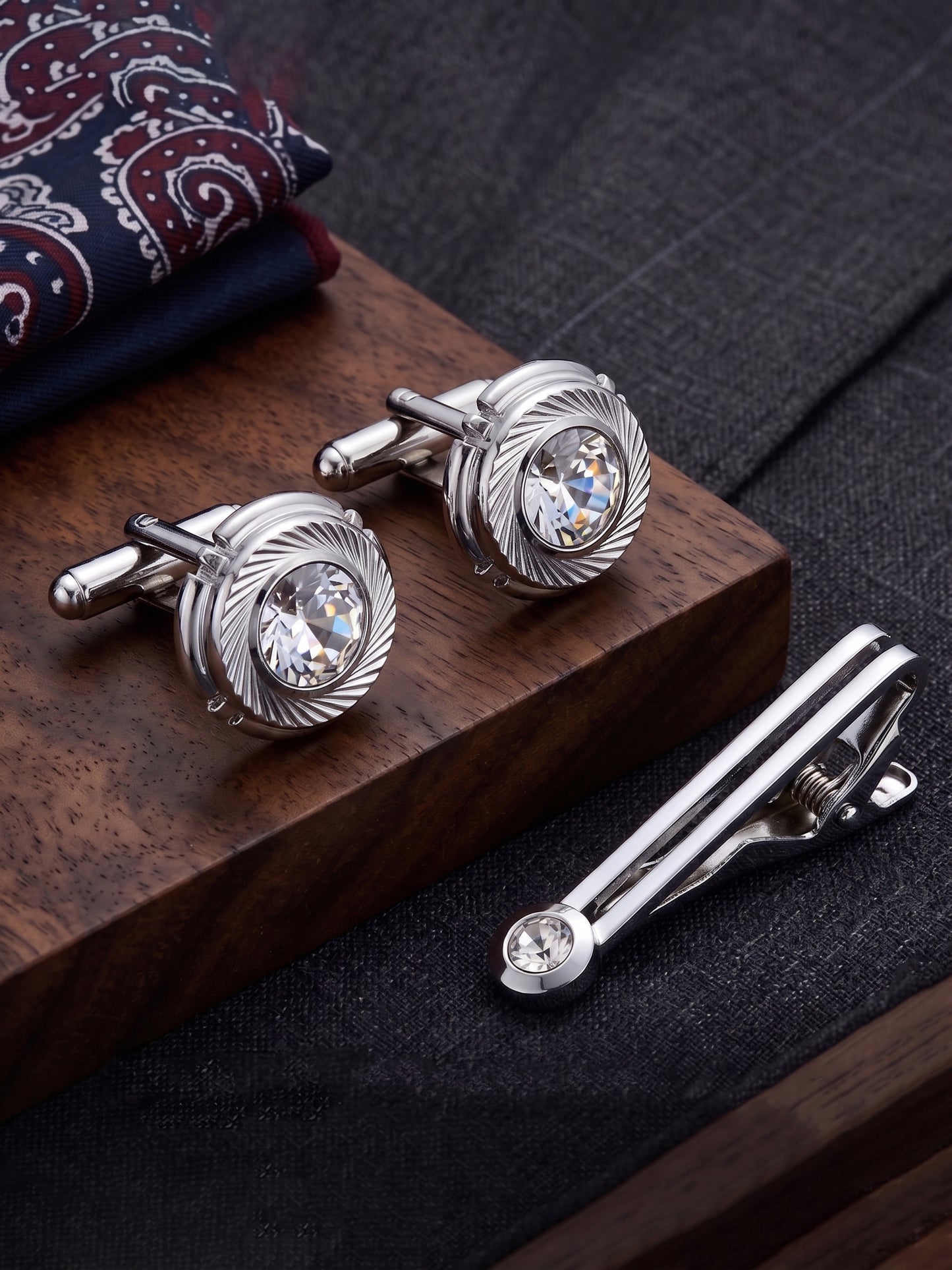 Lucky Jewellery Unique Men Jewelry Stone Silver Plated Sleeve Button Formal Cuff Button Wedding Shirt Button, Suit, Blazer Cufflinks with Matching Tie Pin Gift Set For Men (268-M4C5-STDLM42WTRD-W-S)