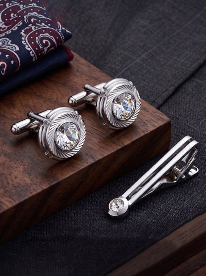 Lucky Jewellery Unique Men Jewelry Stone Silver Plated Sleeve Button Formal Cuff Button Wedding Shirt Button, Suit, Blazer Cufflinks with Matching Tie Pin Gift Set For Men (268-M4C5-STDLM42WTRD-W-S)