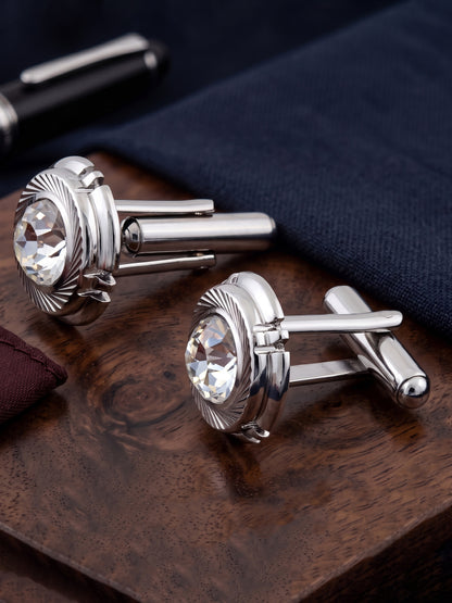 Lucky Jewellery Unique Men Jewelry White Color Stone Silver Plated Sleeve Button Formal Cuff Button Wedding Shirt Button, Suit, Blazer Cufflinks Pair Gift Set for Men (268-M4C54-STDLM42WTRD-W-S)