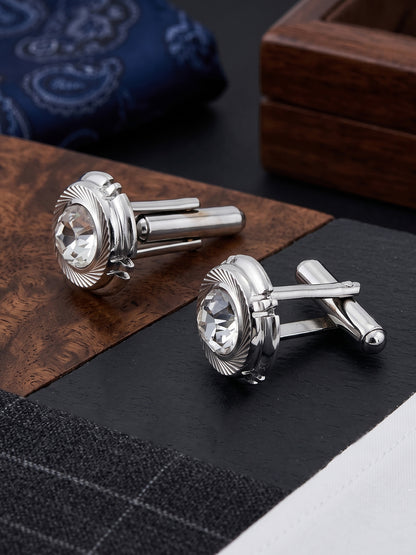 Lucky Jewellery Unique Men Jewelry White Color Stone Silver Plated Sleeve Button Formal Cuff Button Wedding Shirt Button, Suit, Blazer Cufflinks Pair Gift Set for Men (268-M4C54-STDLM42WTRD-W-S)