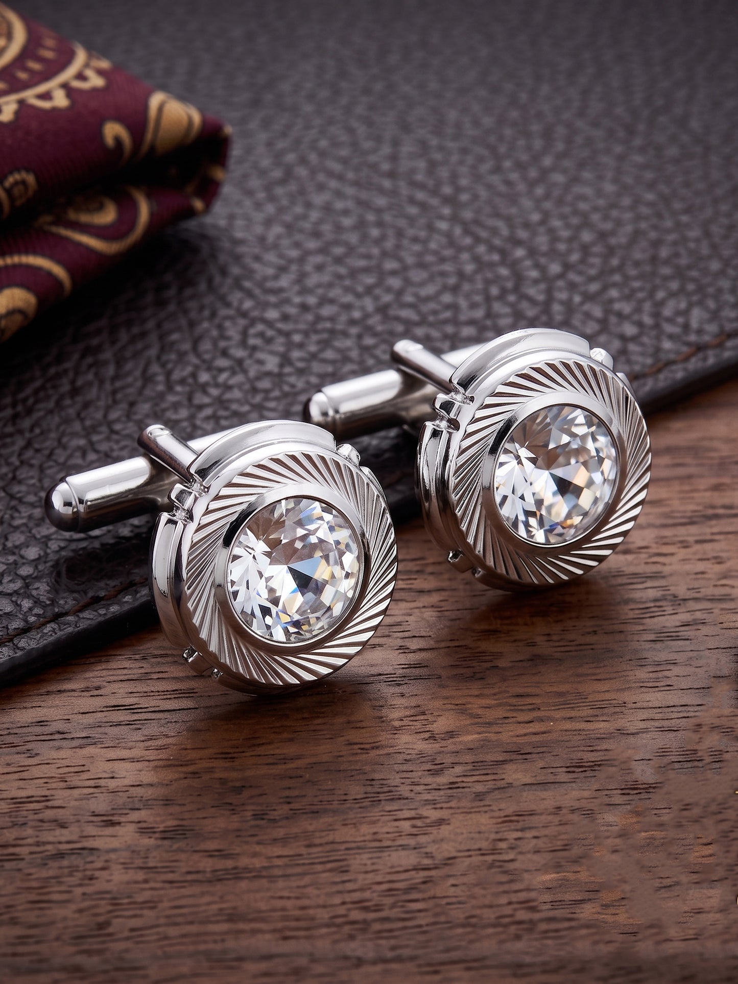 Lucky Jewellery Unique Men Jewelry Stone Silver Plated Sleeve Button Formal Cuff Button Wedding Shirt Button, Suit, Blazer Cufflinks with Matching Tie Pin Gift Set For Men (268-M4C5-STDLM42WTRD-W-S)