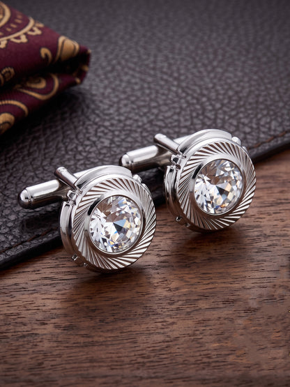 Lucky Jewellery Unique Men Jewelry White Color Stone Silver Plated Sleeve Button Formal Cuff Button Wedding Shirt Button, Suit, Blazer Cufflinks Pair Gift Set for Men (268-M4C54-STDLM42WTRD-W-S)