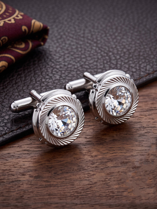 Lucky Jewellery Unique Men Jewelry White Color Stone Silver Plated Sleeve Button Formal Cuff Button Wedding Shirt Button, Suit, Blazer Cufflinks Pair Gift Set for Men (268-M4C54-STDLM42WTRD-W-S)