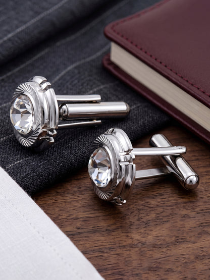 Lucky Jewellery Unique Men Jewelry White Color Stone Silver Plated Sleeve Button Formal Cuff Button Wedding Shirt Button, Suit, Blazer Cufflinks Pair Gift Set for Men (268-M4C54-STDLM42WTRD-W-S)