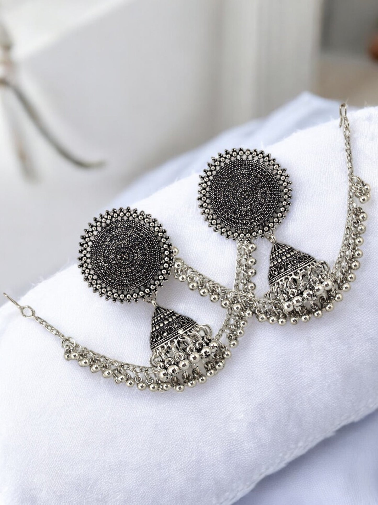 Trendy Oxidised Silver Plating Jhumki Earring For Women and Girls | Designer Earrings with Tasseled Ear Chain (271-TJO-2841)