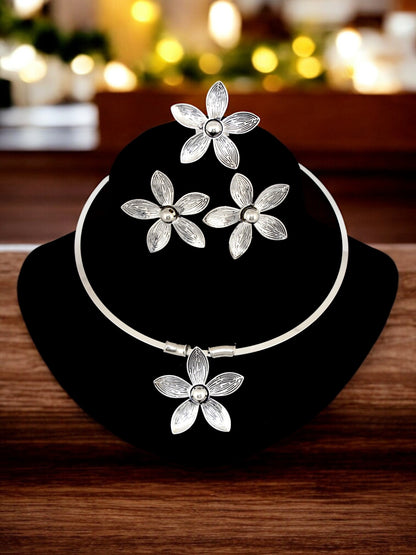 Trendy Oxidised Navratri Jewellery Floral Design Chunky Necklace With Earrings and Finger Ring (284-TSO-27140)