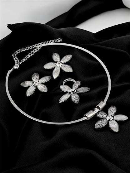 Trendy Oxidised Navratri Jewellery Floral Design Chunky Necklace With Earrings and Finger Ring (284-TSO-27140)