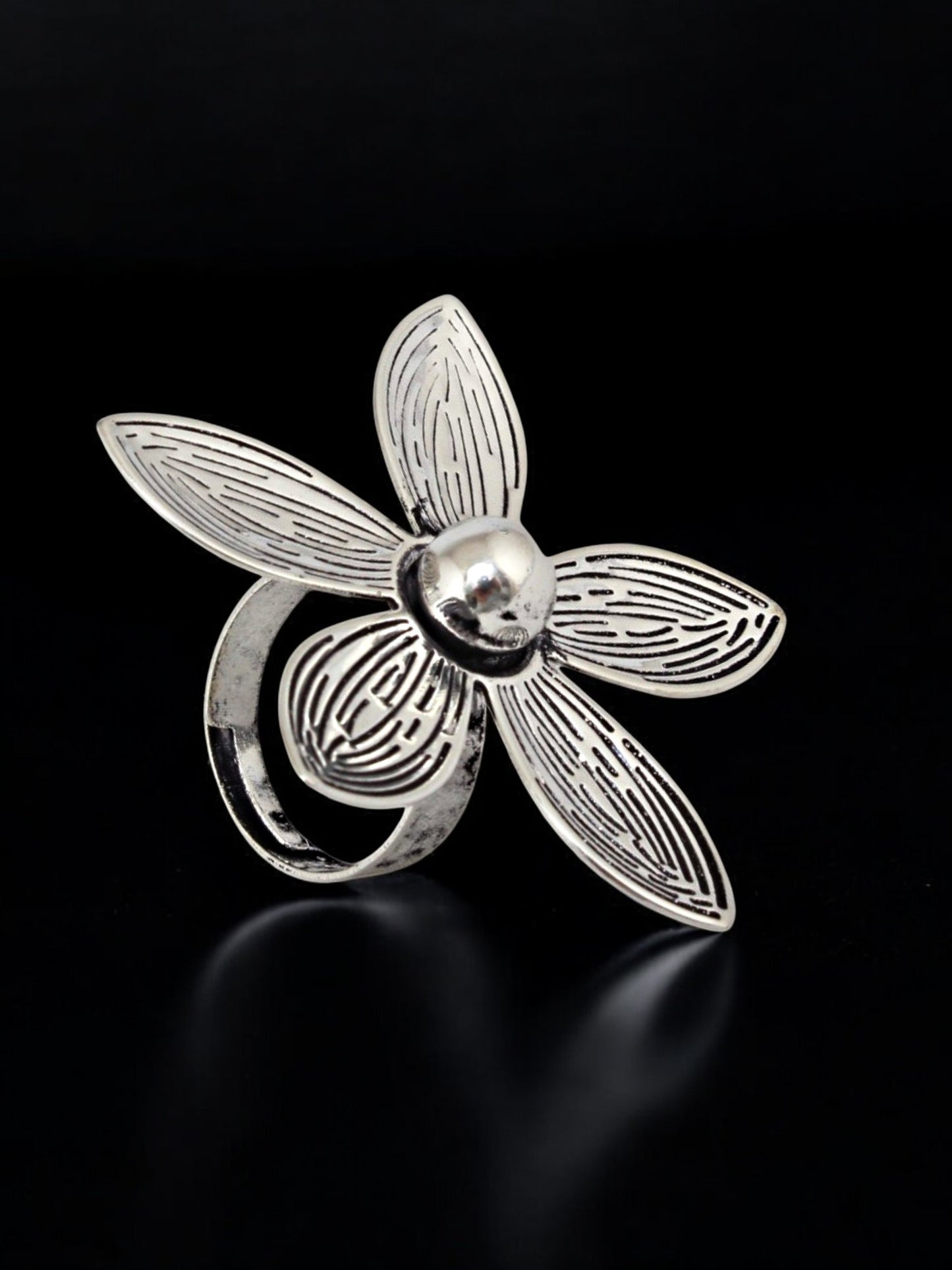 Trendy Oxidised Navratri Jewellery Floral Design Chunky Necklace With Earrings and Finger Ring (284-TSO-27140)