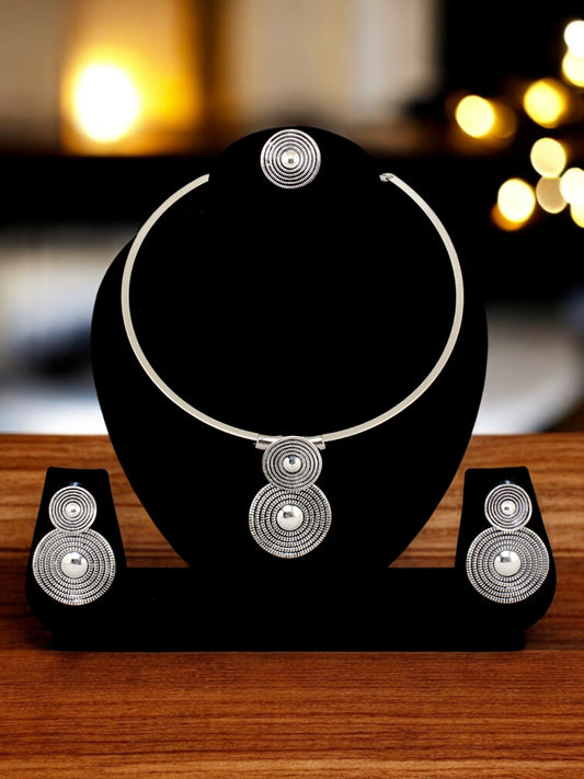 Trendy Oxidised Navratri Jewellery Chunky Necklace with Earrings and Finger Ring (284-TSO-27141)