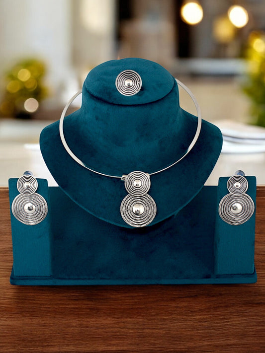 Trendy Oxidised Navratri Jewellery Chunky Necklace with Earrings and Finger Ring (284-TSO-27141)