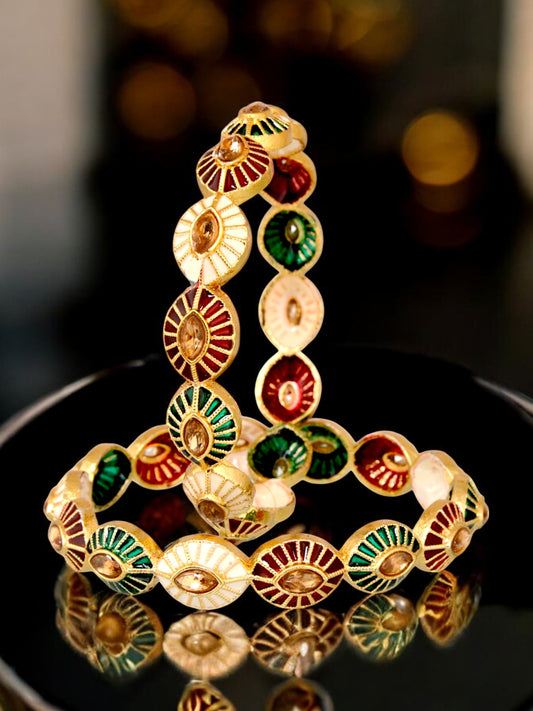 18k One Gram Gold Plated Traditional Designer Pack of 2 Bangle Set For Women