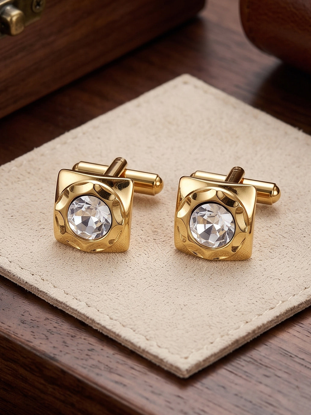 Lucky Jewellery Unique Men Jewelry White Color Stone Gold Plated Sleeve Button Formal Cuff Button Wedding Shirt Button, Suit, Blazer Cufflinks Pair Gift Set for Men (294-M4C54-DC7M2SY)