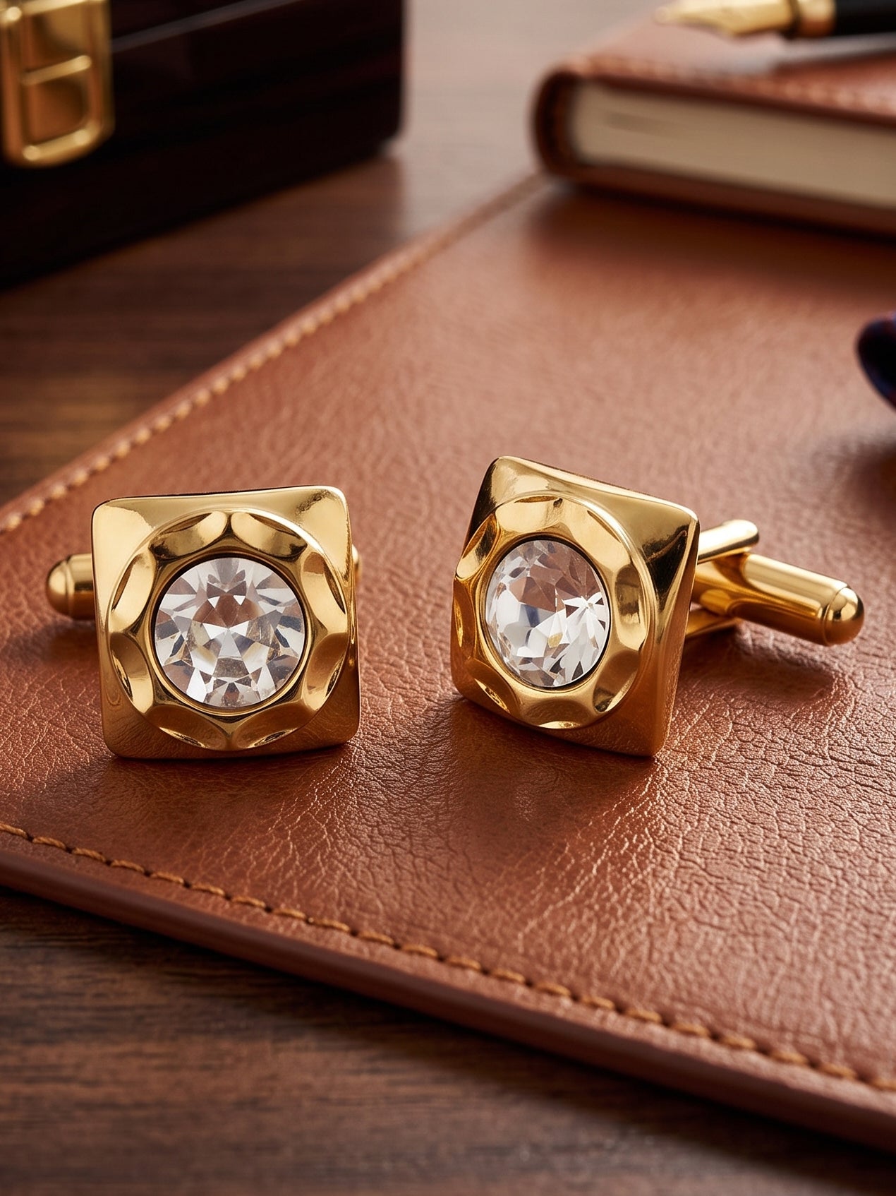 Lucky Jewellery Unique Men Jewelry White Color Stone Gold Plated Sleeve Button Formal Cuff Button Wedding Shirt Button, Suit, Blazer Cufflinks Pair Gift Set for Men (294-M4C54-DC7M2SY)