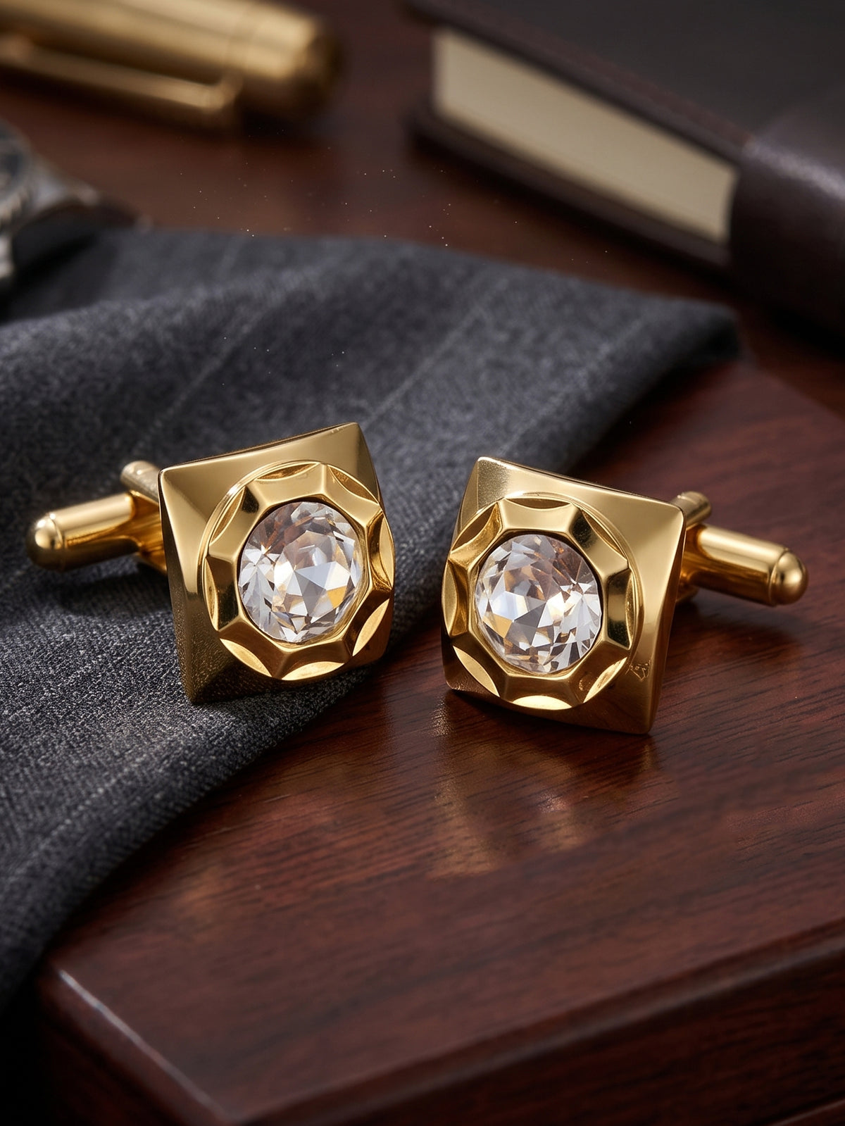 Lucky Jewellery Unique Men Jewelry White Color Stone Gold Plated Sleeve Button Formal Cuff Button Wedding Shirt Button, Suit, Blazer Cufflinks Pair Gift Set for Men (294-M4C54-DC7M2SY)