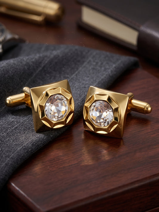 Lucky Jewellery Unique Men Jewelry White Color Stone Gold Plated Sleeve Button Formal Cuff Button Wedding Shirt Button, Suit, Blazer Cufflinks Pair Gift Set for Men (294-M4C54-DC7M2SY)