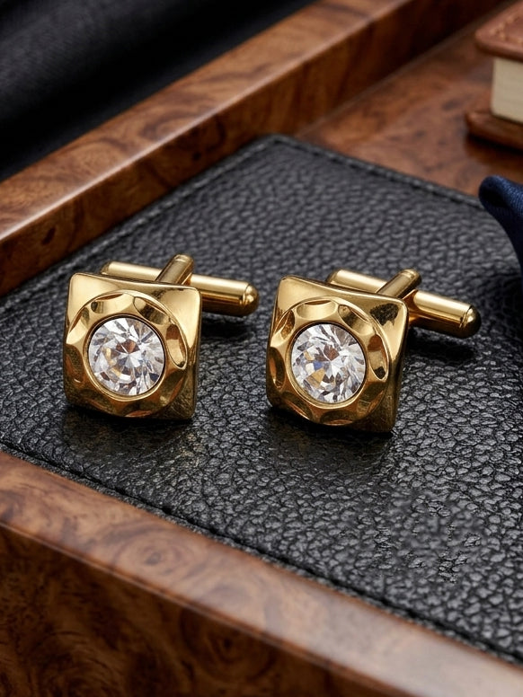 Lucky Jewellery Unique Men Jewelry White Color Stone Gold Plated Sleeve Button Formal Cuff Button Wedding Shirt Button, Suit, Blazer Cufflinks Pair Gift Set for Men (294-M4C54-DC7M2SY)
