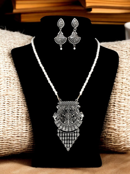 Trendy Oxidised Plating Locket Chain with Earrings Pendant Necklace Set (297-M7SO-2055)