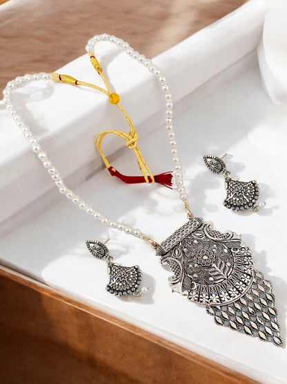 Trendy Oxidised Plating Locket Chain with Earrings Pendant Necklace Set (297-M7SO-2055)