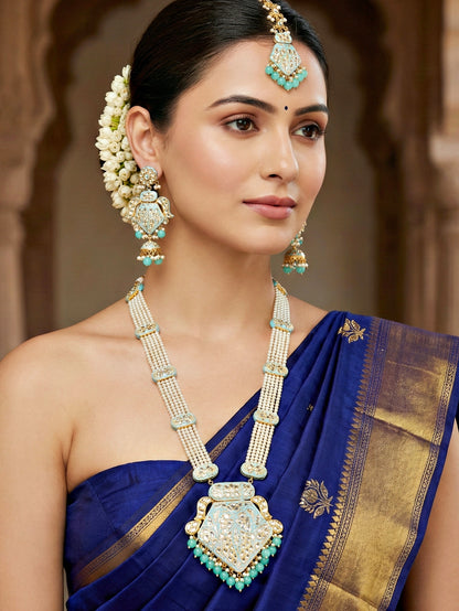 Traditional Turquoise Blue Kundan & Pearl Long Necklace Set for Women | Gold Plated Meenakari Bridal Jewellery Set with Matching Earrings and Maang Tikka | Ethnic Wedding & Party Wear Haar (2970-J5SK-2300-F)