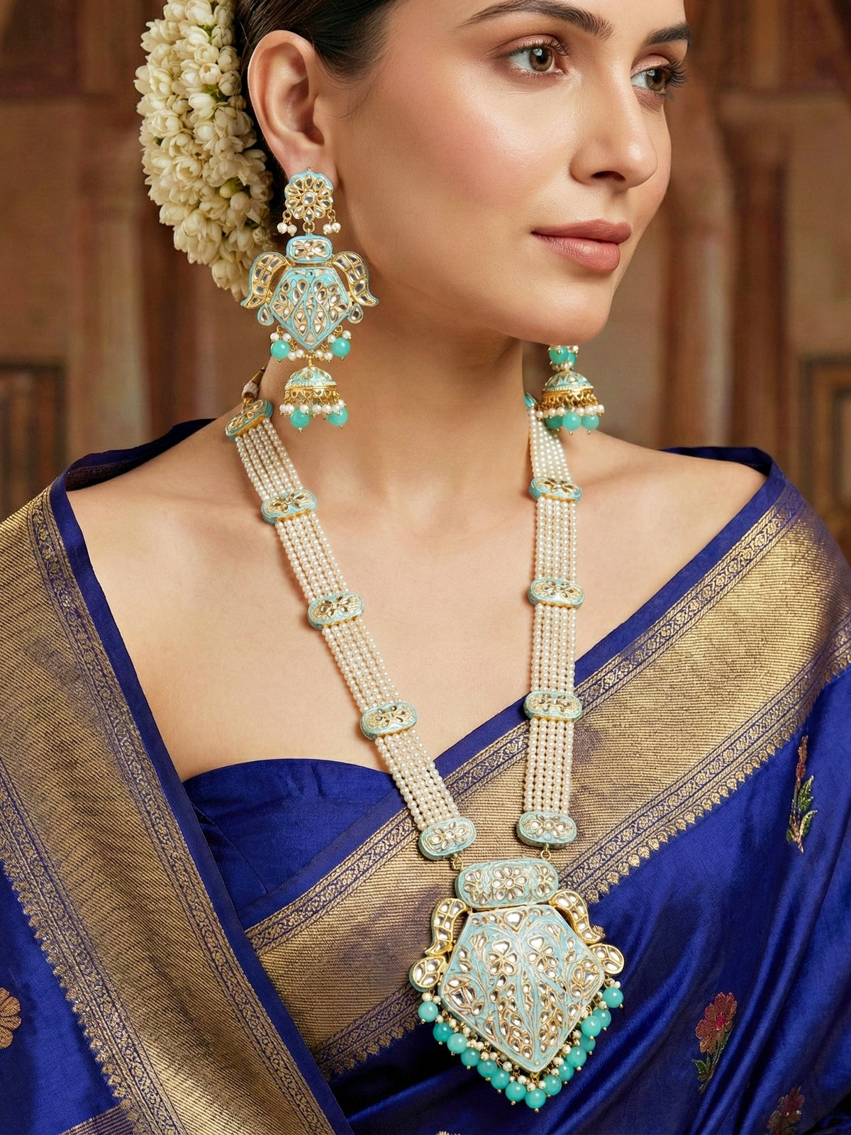 Traditional Turquoise Blue Kundan & Pearl Long Necklace Set for Women | Gold Plated Meenakari Bridal Jewellery Set with Matching Earrings and Maang Tikka | Ethnic Wedding & Party Wear Haar (2970-J5SK-2300-F)