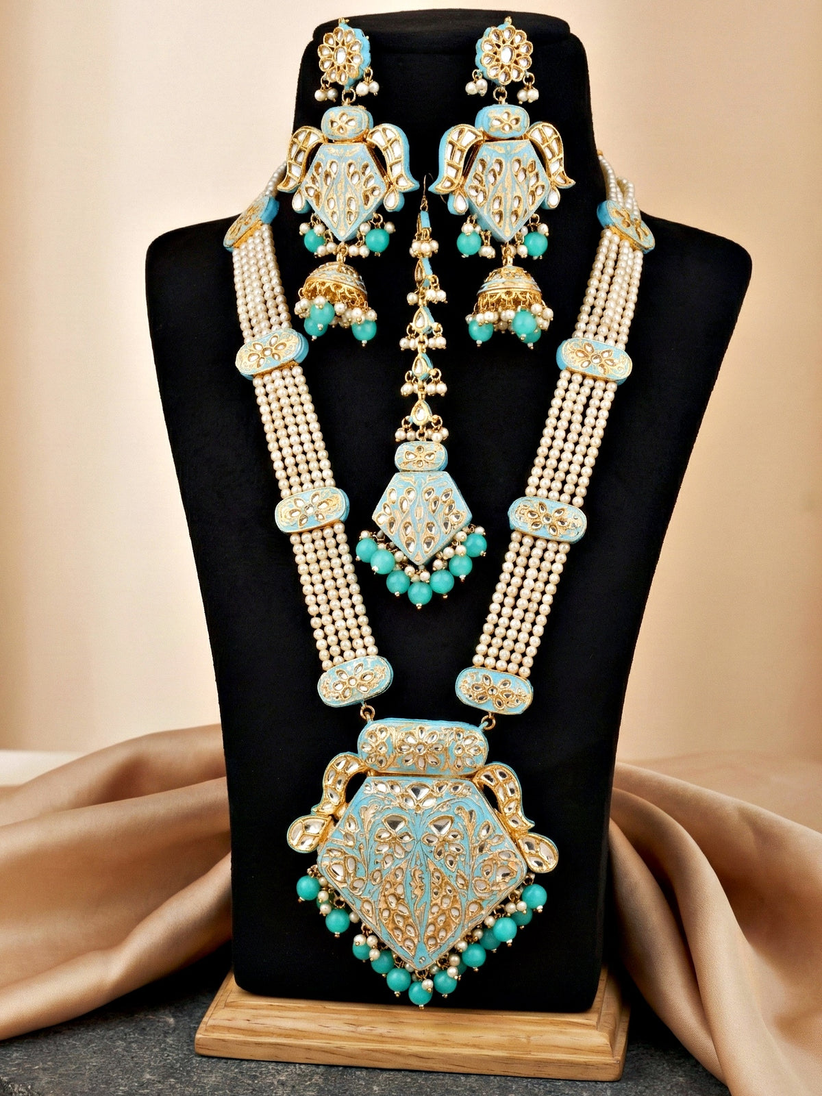 Traditional Turquoise Blue Kundan & Pearl Long Necklace Set for Women | Gold Plated Meenakari Bridal Jewellery Set with Matching Earrings and Maang Tikka | Ethnic Wedding & Party Wear Haar (2970-J5SK-2300-F)