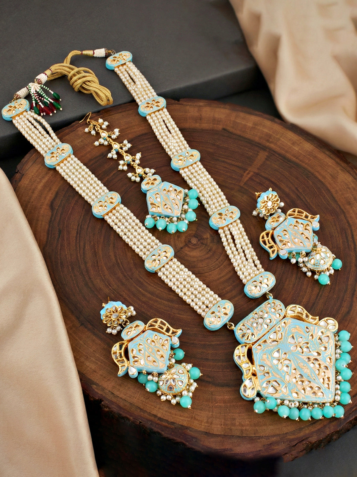 Traditional Turquoise Blue Kundan & Pearl Long Necklace Set for Women | Gold Plated Meenakari Bridal Jewellery Set with Matching Earrings and Maang Tikka | Ethnic Wedding & Party Wear Haar (2970-J5SK-2300-F)
