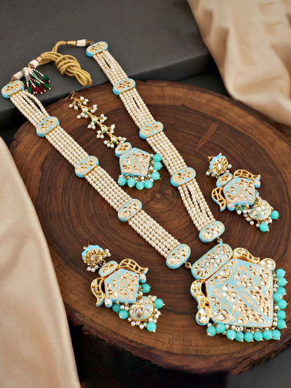 Traditional Turquoise Blue Kundan & Pearl Long Necklace Set for Women | Gold Plated Meenakari Bridal Jewellery Set with Matching Earrings and Maang Tikka | Ethnic Wedding & Party Wear Haar (2970-J5SK-2300-F)