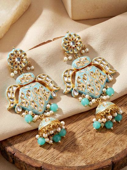 Traditional Turquoise Blue Kundan & Pearl Long Necklace Set for Women | Gold Plated Meenakari Bridal Jewellery Set with Matching Earrings and Maang Tikka | Ethnic Wedding & Party Wear Haar (2970-J5SK-2300-F)
