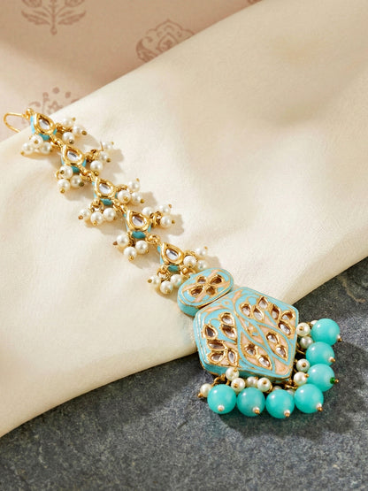 Traditional Turquoise Blue Kundan & Pearl Long Necklace Set for Women | Gold Plated Meenakari Bridal Jewellery Set with Matching Earrings and Maang Tikka | Ethnic Wedding & Party Wear Haar (2970-J5SK-2300-F)