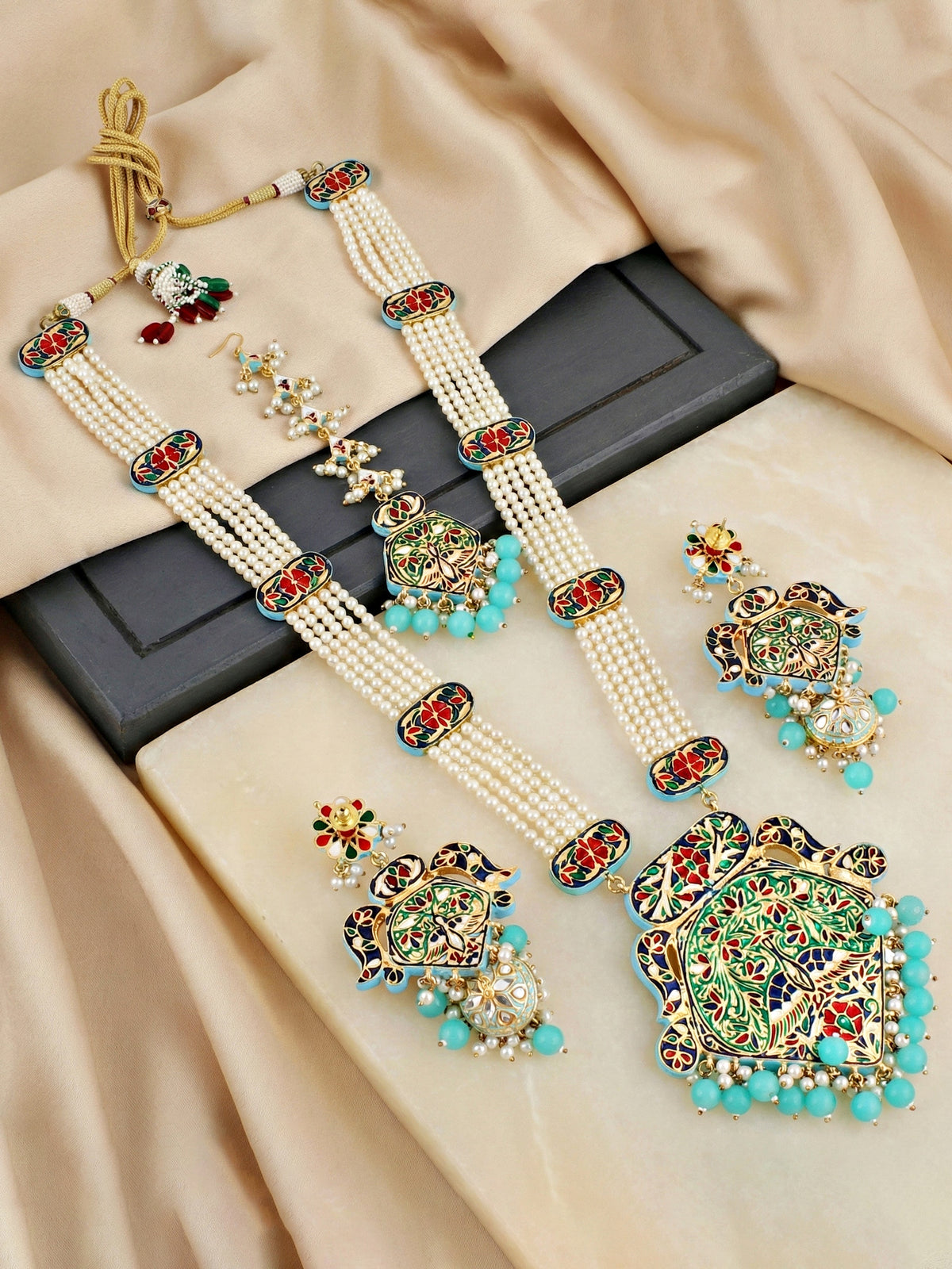 Traditional Turquoise Blue Kundan & Pearl Long Necklace Set for Women | Gold Plated Meenakari Bridal Jewellery Set with Matching Earrings and Maang Tikka | Ethnic Wedding & Party Wear Haar (2970-J5SK-2300-F)