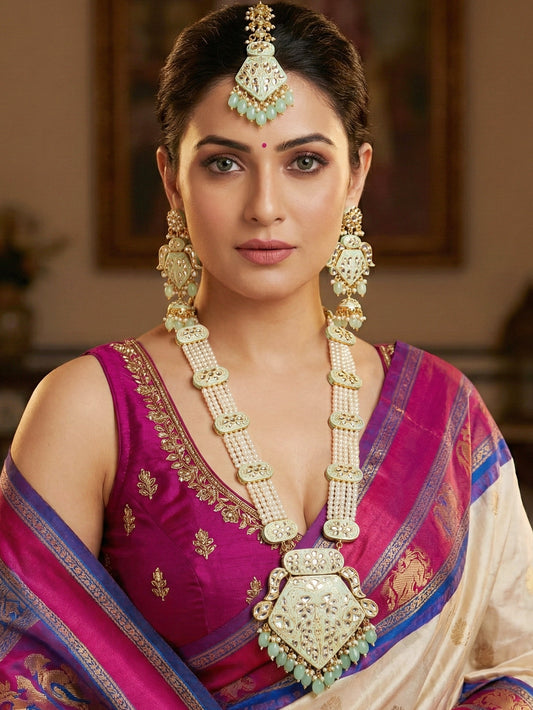 Traditional Mint Kundan & Pearl Long Necklace Set for Women | Gold Plated Meenakari Bridal Jewellery Set with Matching Earrings and Maang Tikka | Ethnic Wedding & Party Wear Haar (2970-J5SK-2300-MNT)