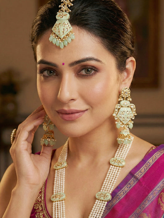Traditional Mint Kundan & Pearl Long Necklace Set for Women | Gold Plated Meenakari Bridal Jewellery Set with Matching Earrings and Maang Tikka | Ethnic Wedding & Party Wear Haar (2970-J5SK-2300-MNT)