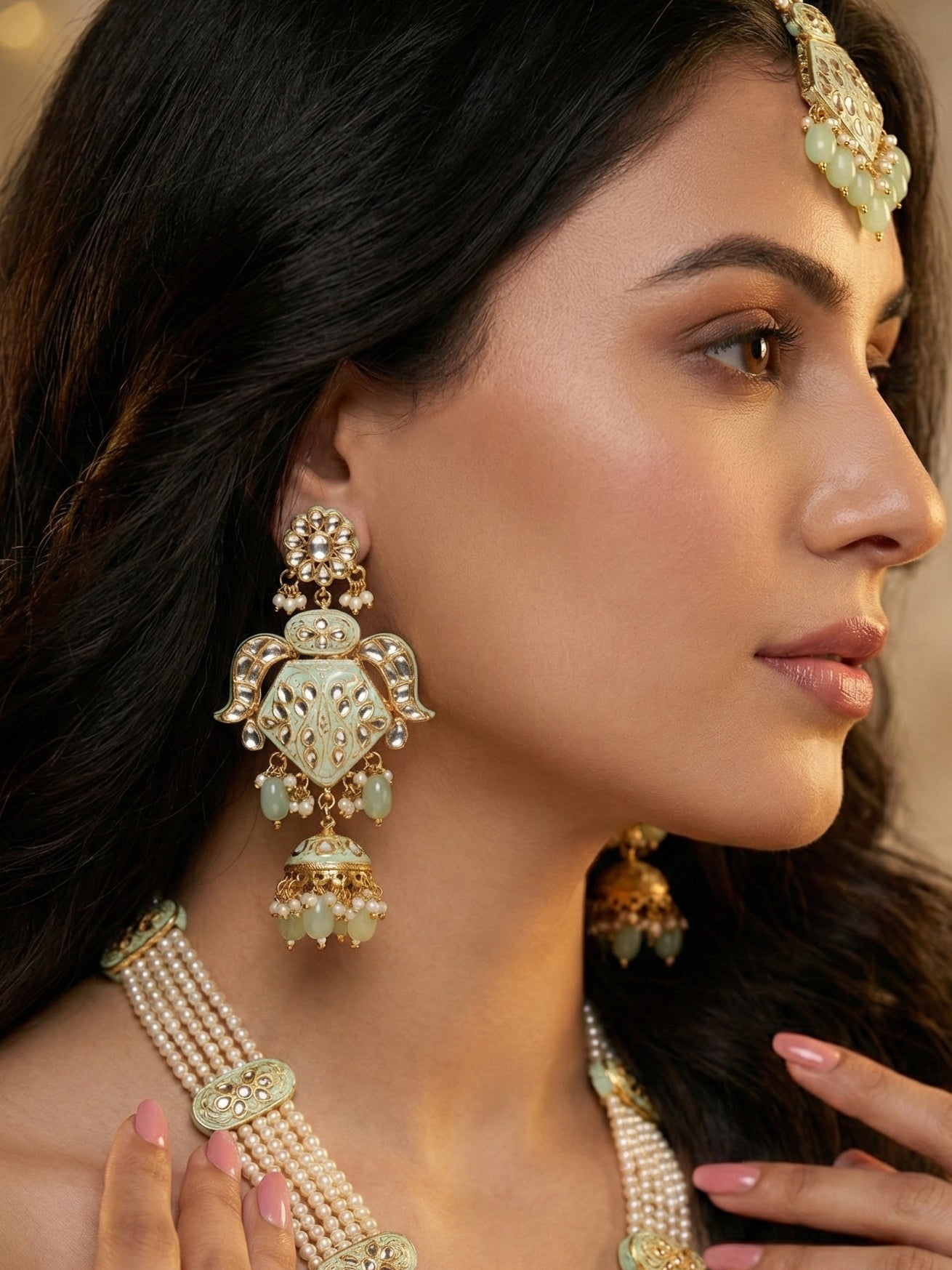Traditional Mint Kundan & Pearl Long Necklace Set for Women | Gold Plated Meenakari Bridal Jewellery Set with Matching Earrings and Maang Tikka | Ethnic Wedding & Party Wear Haar (2970-J5SK-2300-MNT)
