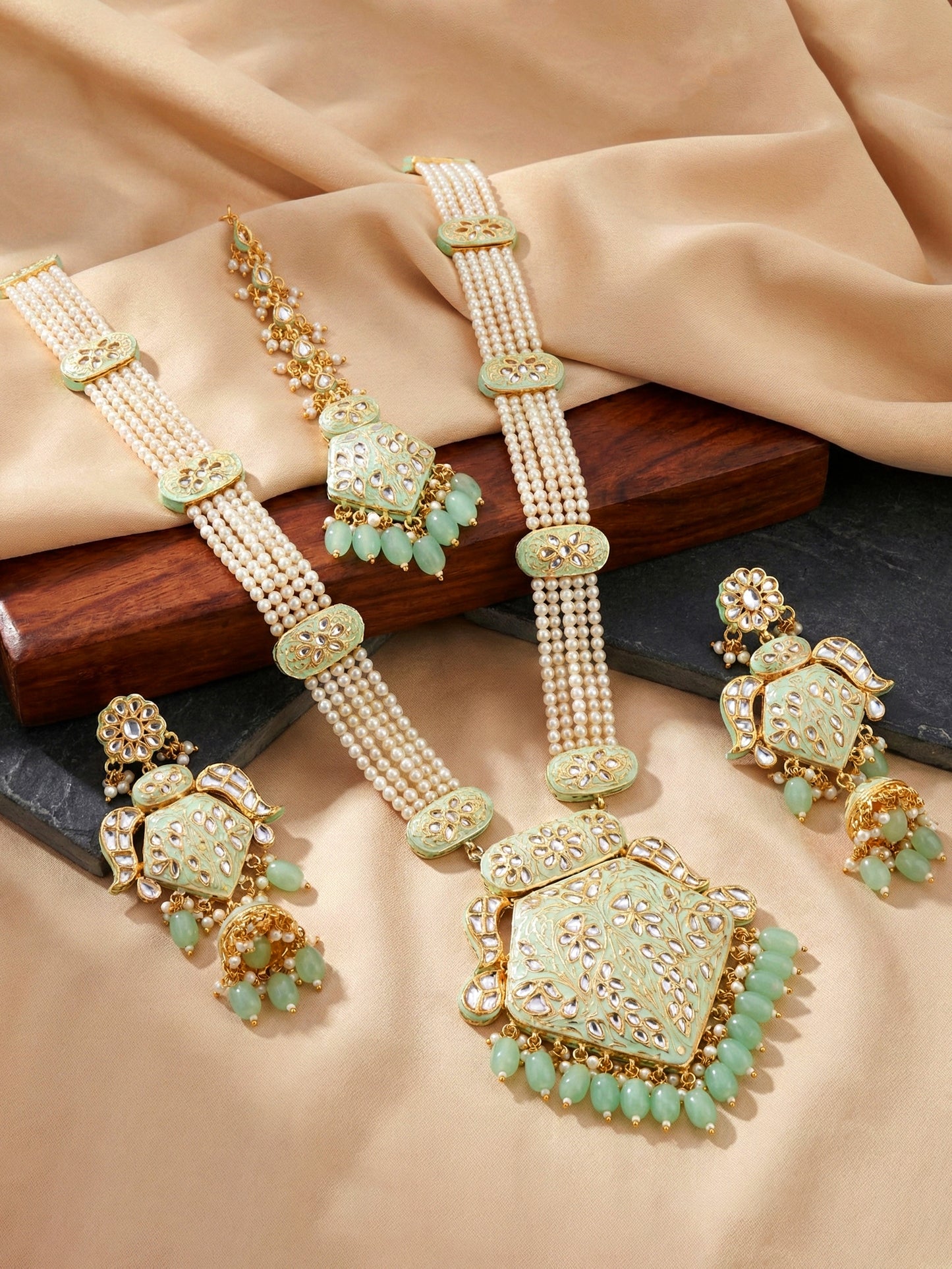 Traditional Mint Kundan & Pearl Long Necklace Set for Women | Gold Plated Meenakari Bridal Jewellery Set with Matching Earrings and Maang Tikka | Ethnic Wedding & Party Wear Haar (2970-J5SK-2300-MNT)