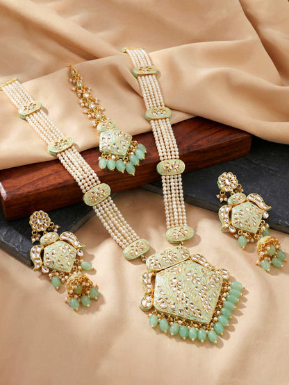 Traditional Mint Kundan & Pearl Long Necklace Set for Women | Gold Plated Meenakari Bridal Jewellery Set with Matching Earrings and Maang Tikka | Ethnic Wedding & Party Wear Haar (2970-J5SK-2300-MNT)