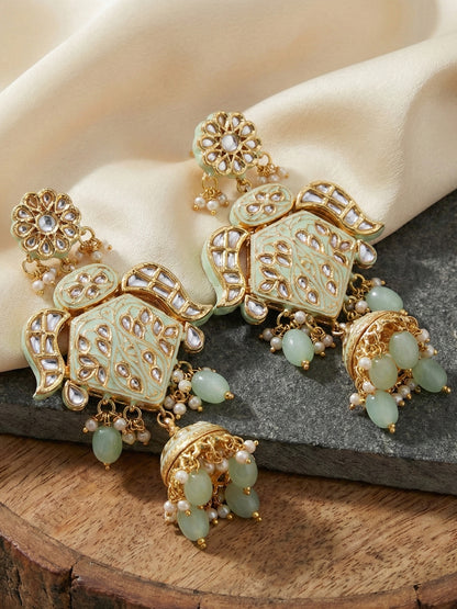 Traditional Mint Kundan & Pearl Long Necklace Set for Women | Gold Plated Meenakari Bridal Jewellery Set with Matching Earrings and Maang Tikka | Ethnic Wedding & Party Wear Haar (2970-J5SK-2300-MNT)