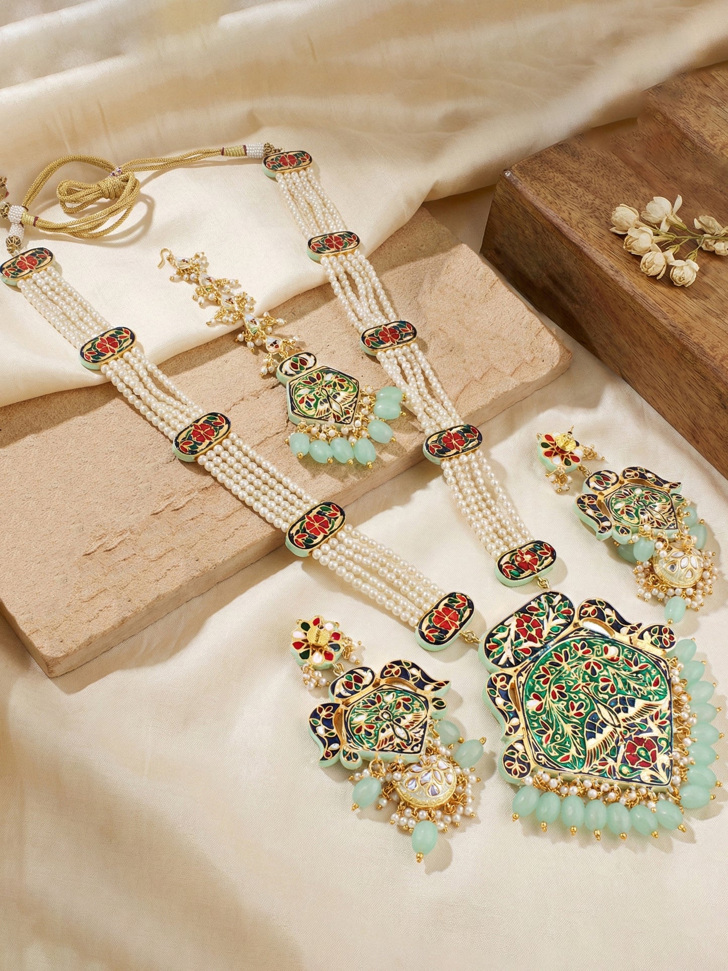 Traditional Mint Kundan & Pearl Long Necklace Set for Women | Gold Plated Meenakari Bridal Jewellery Set with Matching Earrings and Maang Tikka | Ethnic Wedding & Party Wear Haar (2970-J5SK-2300-MNT)
