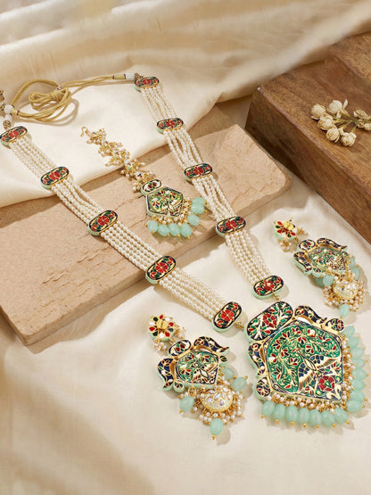 Traditional Mint Kundan & Pearl Long Necklace Set for Women | Gold Plated Meenakari Bridal Jewellery Set with Matching Earrings and Maang Tikka | Ethnic Wedding & Party Wear Haar (2970-J5SK-2300-MNT)