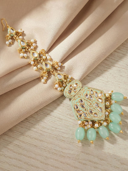 Traditional Mint Kundan & Pearl Long Necklace Set for Women | Gold Plated Meenakari Bridal Jewellery Set with Matching Earrings and Maang Tikka | Ethnic Wedding & Party Wear Haar (2970-J5SK-2300-MNT)