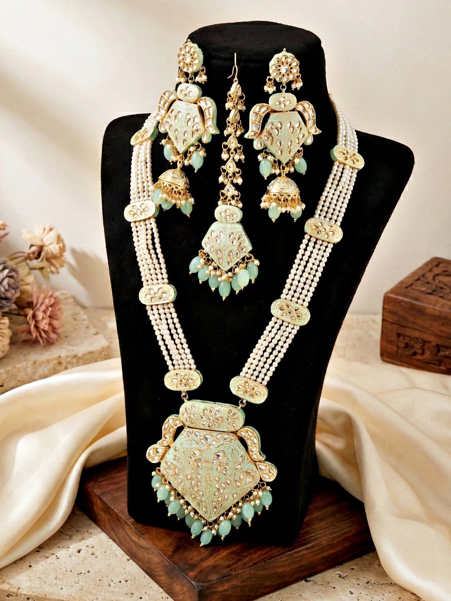 Traditional Mint Kundan & Pearl Long Necklace Set for Women | Gold Plated Meenakari Bridal Jewellery Set with Matching Earrings and Maang Tikka | Ethnic Wedding & Party Wear Haar (2970-J5SK-2300-MNT)