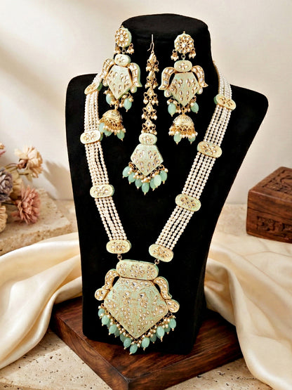 Traditional Mint Kundan & Pearl Long Necklace Set for Women | Gold Plated Meenakari Bridal Jewellery Set with Matching Earrings and Maang Tikka | Ethnic Wedding & Party Wear Haar (2970-J5SK-2300-MNT)
