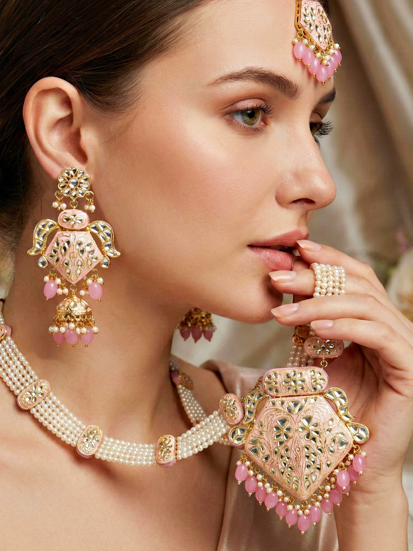 Traditional Pink Kundan & Pearl Long Necklace Set for Women | Gold Plated Meenakari Bridal Jewellery Set with Matching Earrings and Maang Tikka | (2970-J5SK-2300-PK)Make a statement of timeless grace with this exquisite long-strand moti jewelry set.