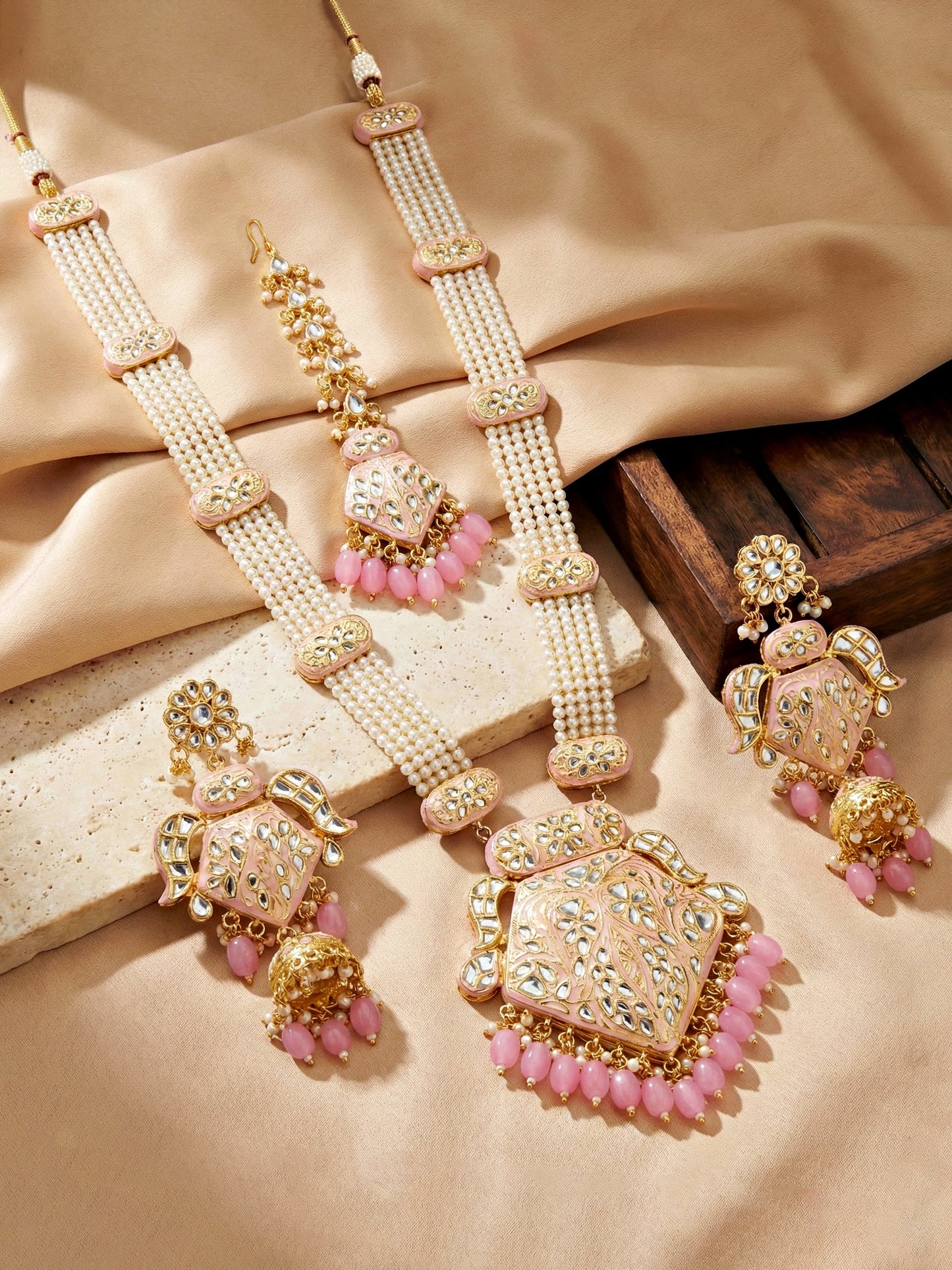 Traditional Pink Kundan & Pearl Long Necklace Set for Women | Gold Plated Meenakari Bridal Jewellery Set with Matching Earrings and Maang Tikka | (2970-J5SK-2300-PK)Make a statement of timeless grace with this exquisite long-strand moti jewelry set.