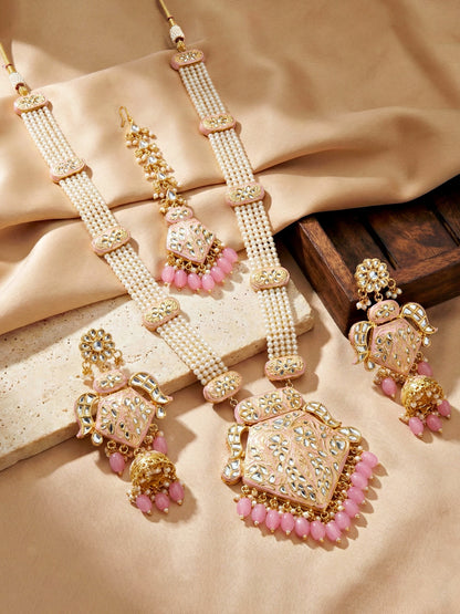 Traditional Pink Kundan & Pearl Long Necklace Set for Women | Gold Plated Meenakari Bridal Jewellery Set with Matching Earrings and Maang Tikka | (2970-J5SK-2300-PK)Make a statement of timeless grace with this exquisite long-strand moti jewelry set.