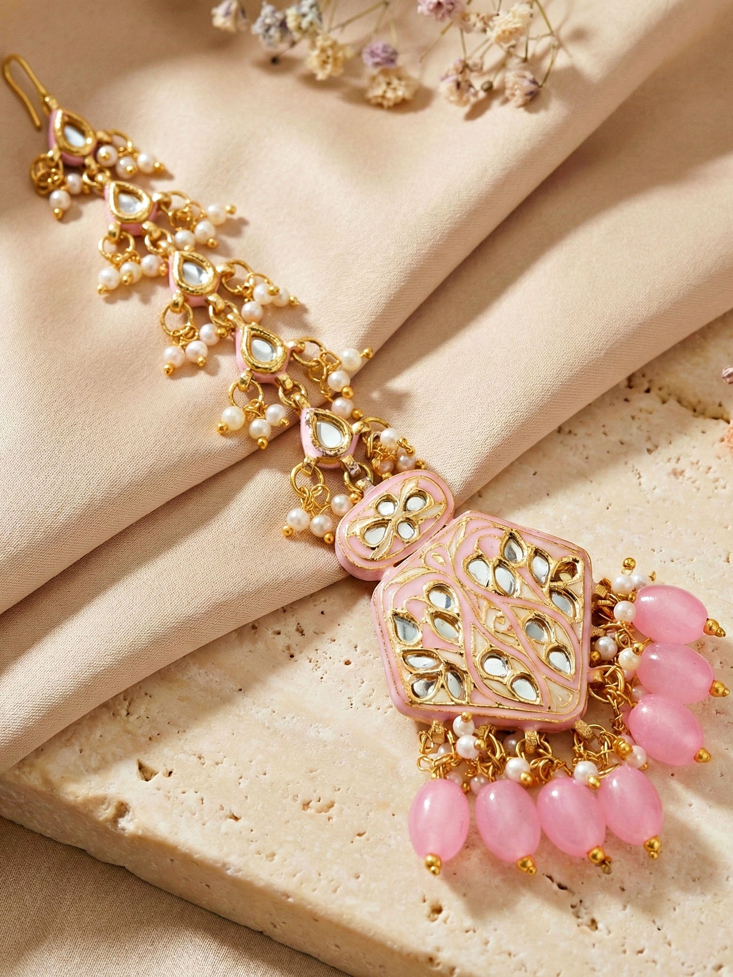 Traditional Pink Kundan & Pearl Long Necklace Set for Women | Gold Plated Meenakari Bridal Jewellery Set with Matching Earrings and Maang Tikka | (2970-J5SK-2300-PK)Make a statement of timeless grace with this exquisite long-strand moti jewelry set.