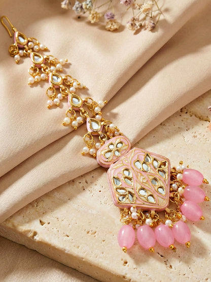 Traditional Pink Kundan & Pearl Long Necklace Set for Women | Gold Plated Meenakari Bridal Jewellery Set with Matching Earrings and Maang Tikka | (2970-J5SK-2300-PK)Make a statement of timeless grace with this exquisite long-strand moti jewelry set.