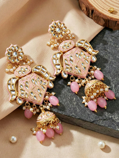 Traditional Pink Kundan & Pearl Long Necklace Set for Women | Gold Plated Meenakari Bridal Jewellery Set with Matching Earrings and Maang Tikka | (2970-J5SK-2300-PK)Make a statement of timeless grace with this exquisite long-strand moti jewelry set.