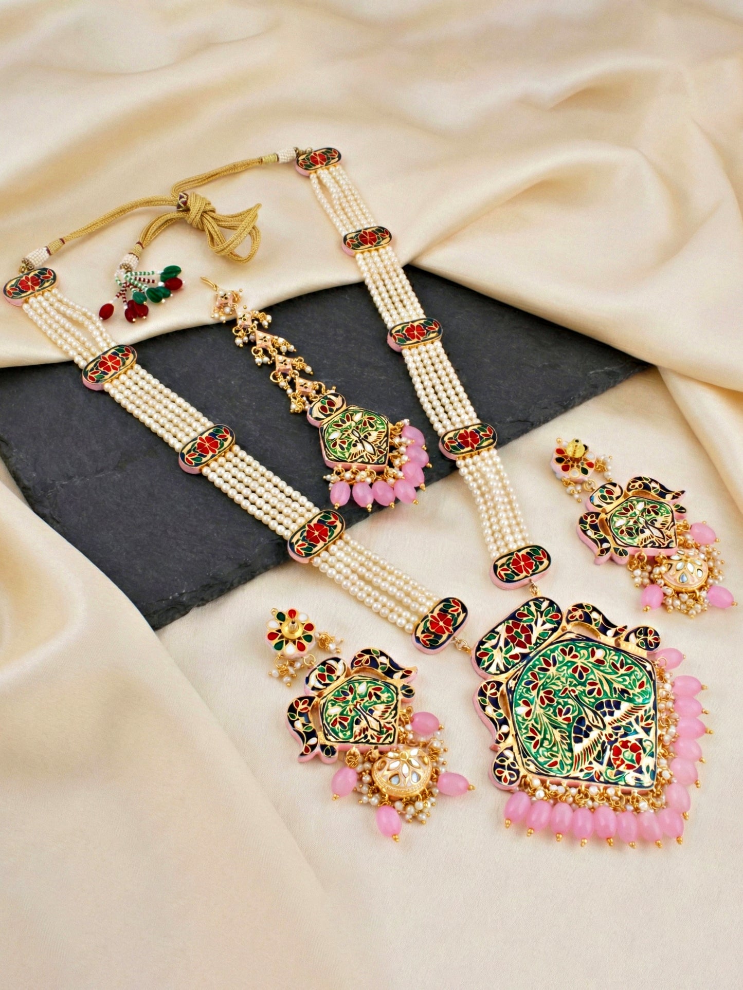 Traditional Pink Kundan & Pearl Long Necklace Set for Women | Gold Plated Meenakari Bridal Jewellery Set with Matching Earrings and Maang Tikka | (2970-J5SK-2300-PK)Make a statement of timeless grace with this exquisite long-strand moti jewelry set.